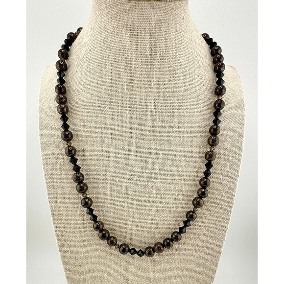 Necklace Round Bronzite Faceted Black Bicone Crystal Beads 20" L - Picture 2 of 8